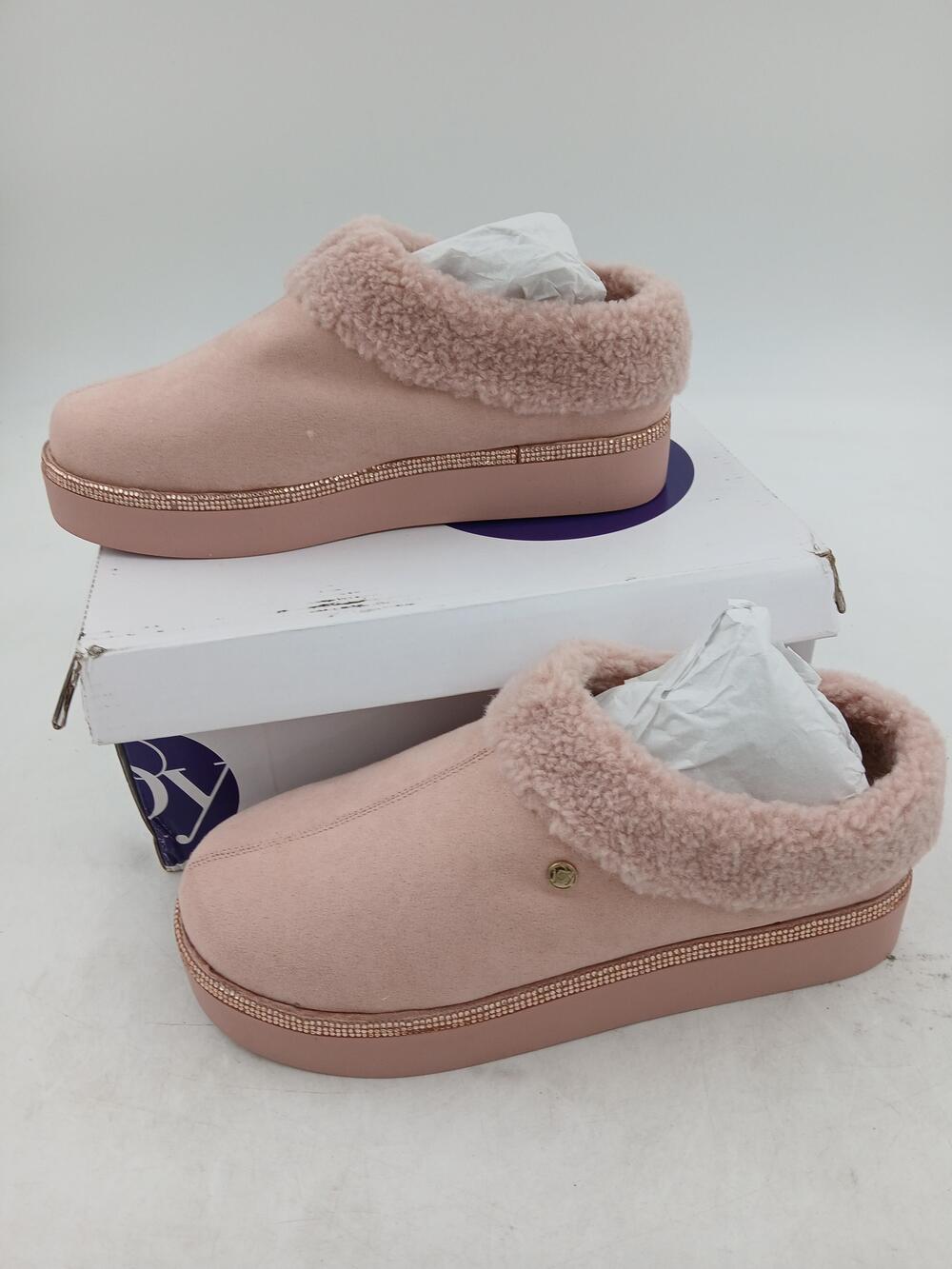 Mule Slippers Shoes Womens Blush Pink Faux Suede Fur Platform Rhinestone Size 9W